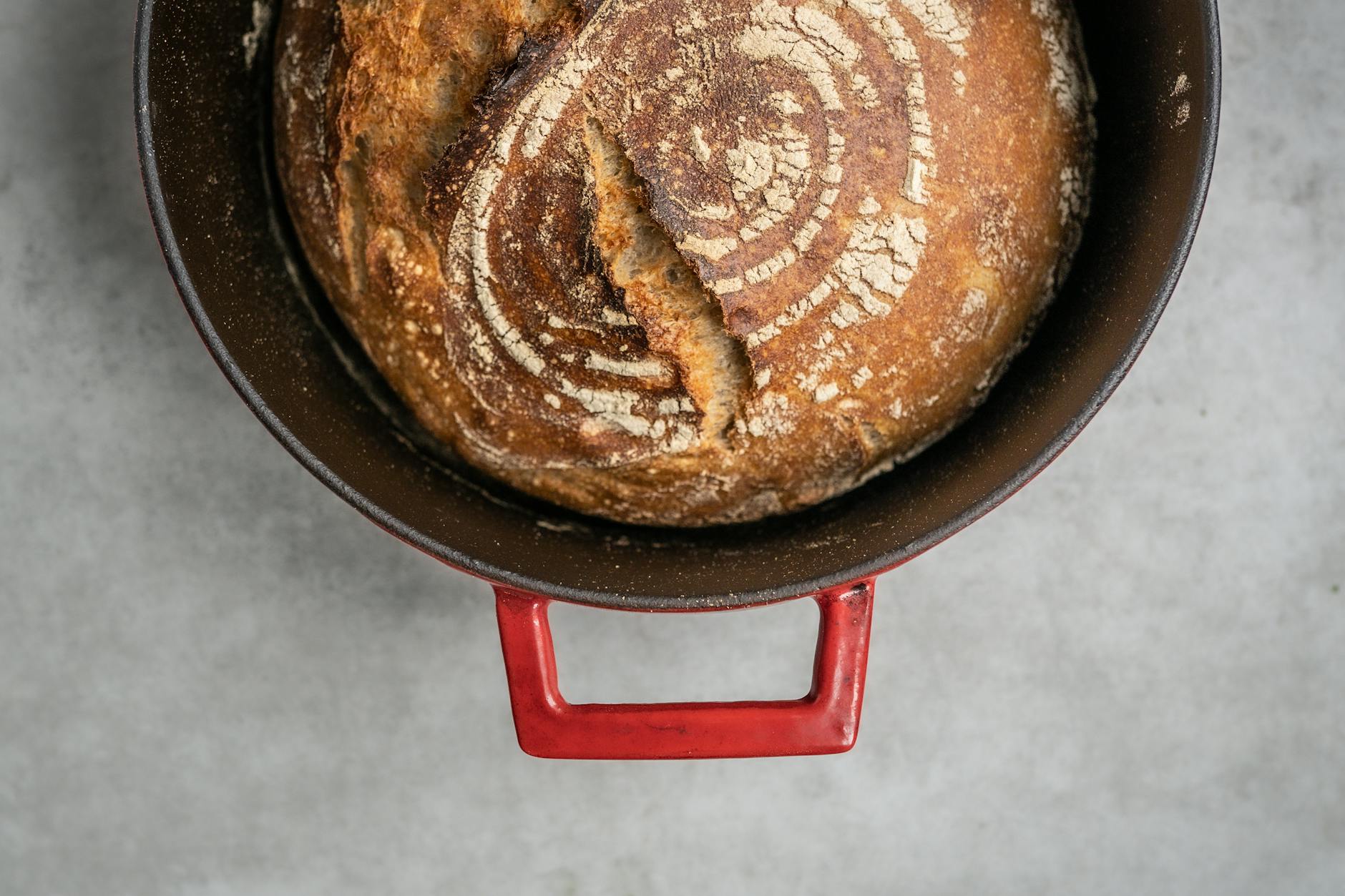 overhead shot of a loaf of bread in a pot